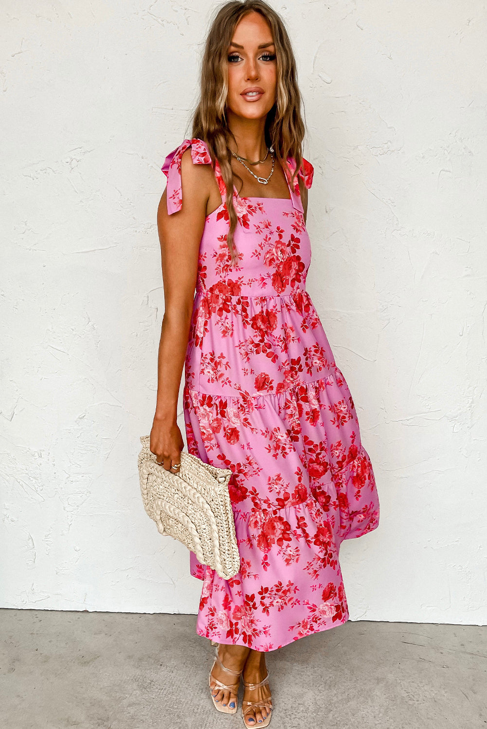 Pink Tie Shoulder Straps Tiered Floral Dress-2