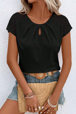 Black Contrast Lace Sleeve Keyhole Decor Top-5