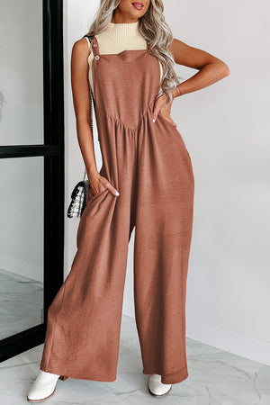 Gold Flame Textured Buttoned Straps Ruched Wide Leg Jumpsuit-6