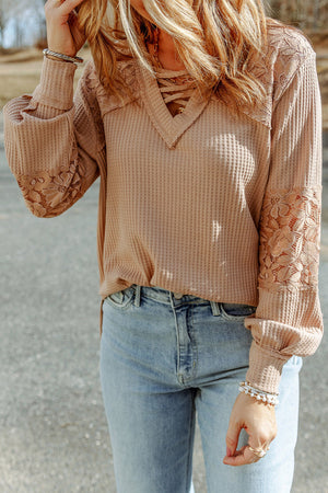 Apricot Lace Waffle Patchwork Strappy V Neck Long Sleeve Top-2
