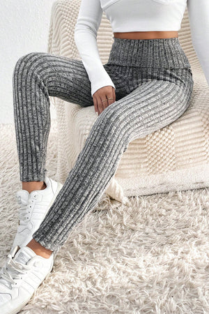 Gray Wide Waistband Ribbed Textured Knit Leggings-0