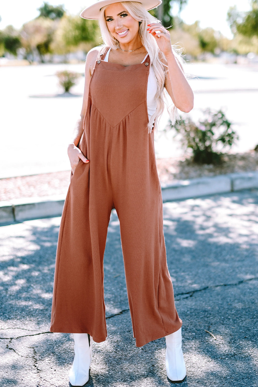 Gold Flame Textured Buttoned Straps Ruched Wide Leg Jumpsuit-3