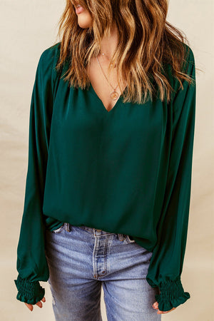 Green Pleated V Neck Puffy Sleeve Blouse-4