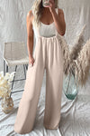 Parchment Wide Strap Ruched Knot Back Wide Leg Overall-0