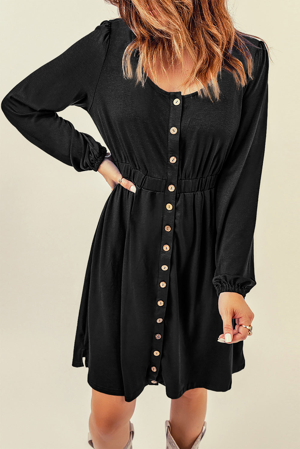 Black Button Up High Waist Long Sleeve Dress-5