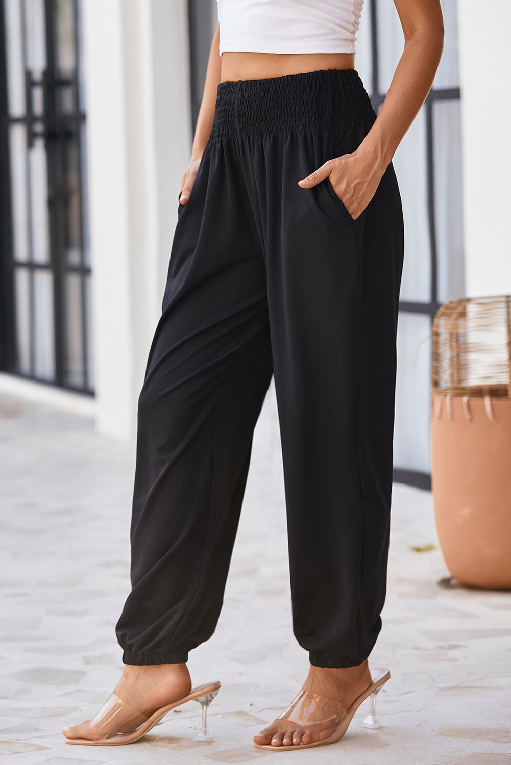 Black Smocked High Waist Joggers-3