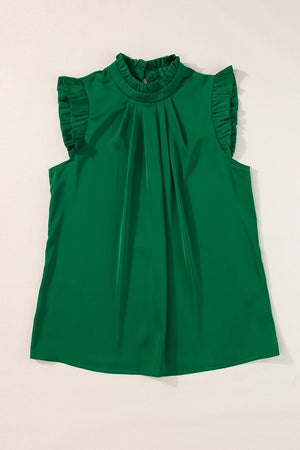 Bright Green Pleated Mock Neck Frilled Trim Sleeveless Top-8