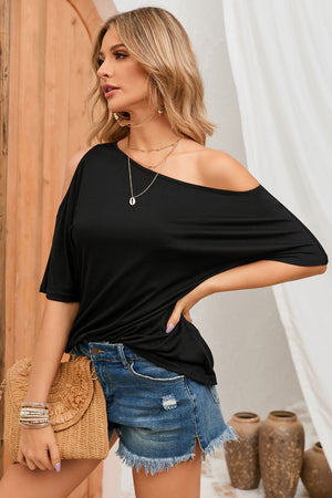 Black Solid Asymmetrical Neck Loose Casual T-Shirt-9