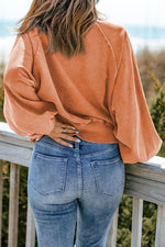 Orange Washed Snap Buttons Lantern Sleeve Pullover Sweatshirt-1