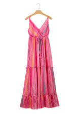 Pink Western Printed Tassel Tie V Neck Wrap Maxi Dress-17