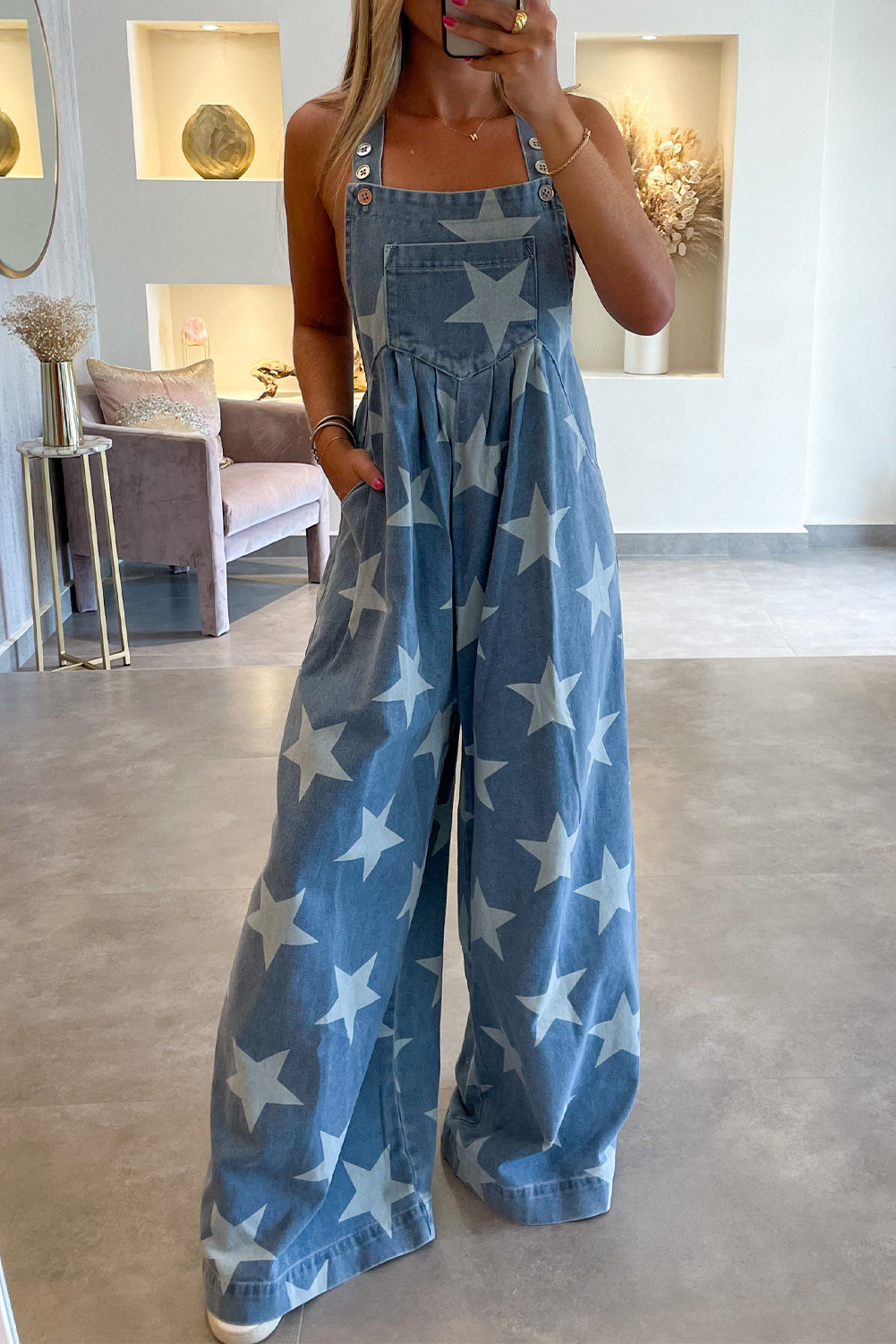 Star Print Buttoned Strap Pleat Wide Leg Denim Overall-0