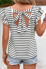 White Stripe Butterfly Sleeve V Neck Hollowed Knot Back T Shirt-4