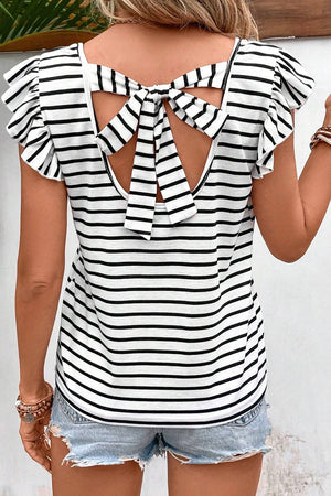 White Stripe Butterfly Sleeve V Neck Hollowed Knot Back T Shirt-4