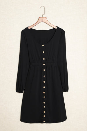 Black Button Up High Waist Long Sleeve Dress-6
