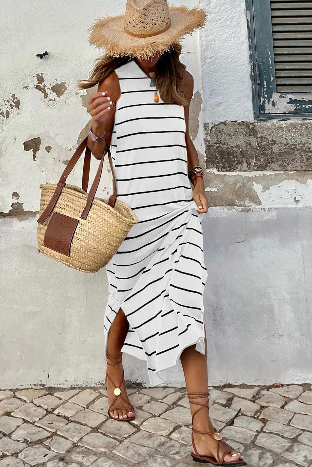 White Stripe Print Open Back Sleeveless Maxi Dress with Slits-3