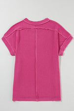 Rose Red Textured Knit Exposed Stitching T-shirt-13