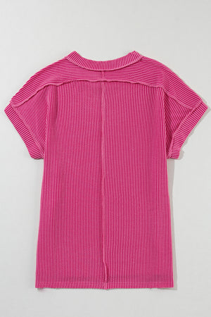 Rose Red Textured Knit Exposed Stitching T-shirt-13