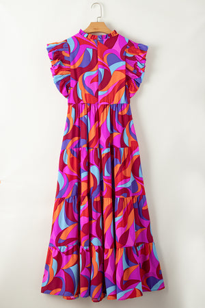 Orange Abstract Printed High Waist Ruffle Tiered Long Dress-12