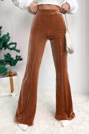 Chestnut Solid Color High Waist Flare Corduroy Pants-0