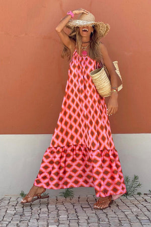 Red Geometric Print Loose Fit Sleeveless Maxi Dress-8