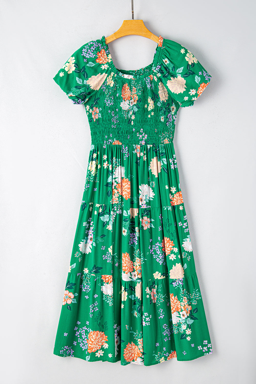 Green Floral Print Bubble Sleeve Smocked Tiered Midi Dress-6