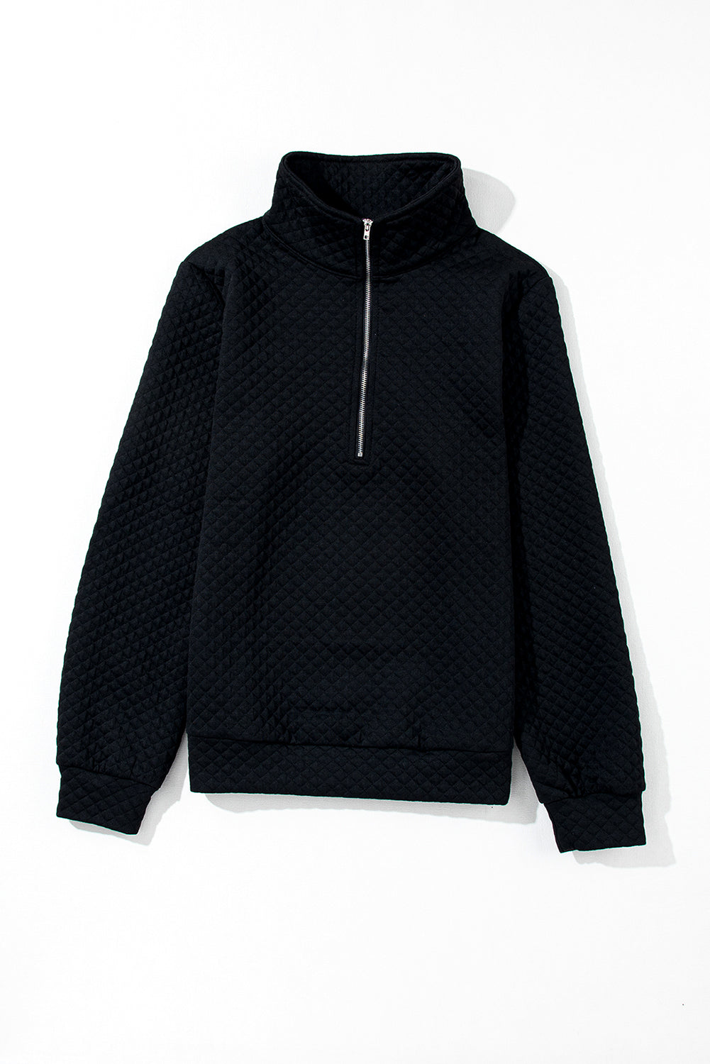 Black Solid Half Zipper Quilted Pullover Sweatshirt-5