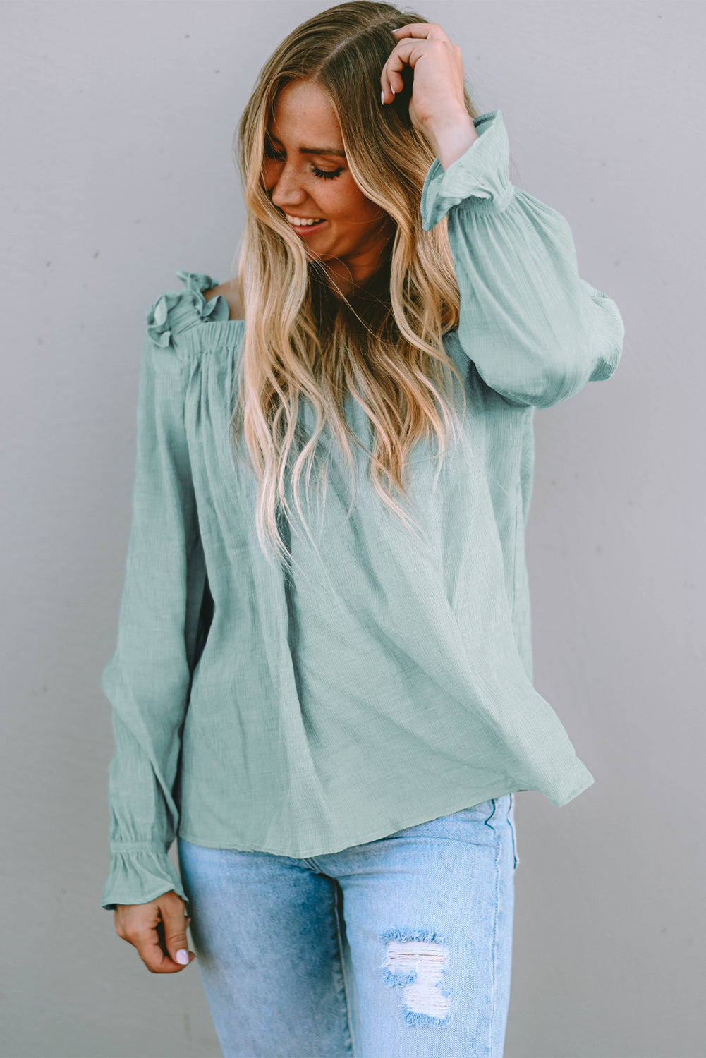 Green Ruffled Square Neck Cuffs Long Sleeve Blouse-3