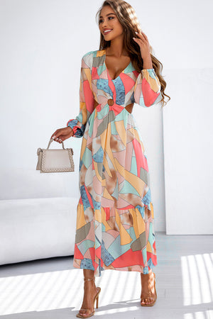 Multicolor Abstract Print O-ring Cut out Long Sleeve Maxi Dress-2