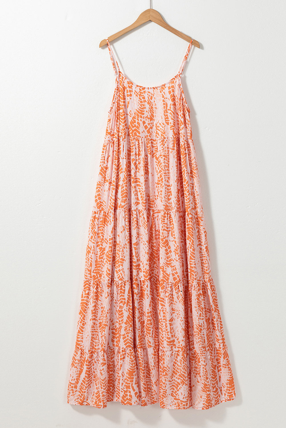 Orange Abstract Print Spaghetti Straps Backless Tiered Maxi Dress-5