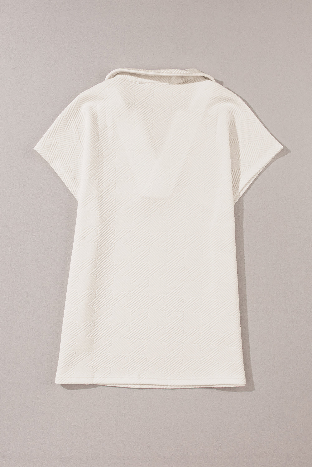 White Textured V Neck Collared Short Sleeve Top-7