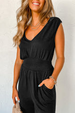 Black Shirred High Waist Sleeveless V Neck Jumpsuit-4