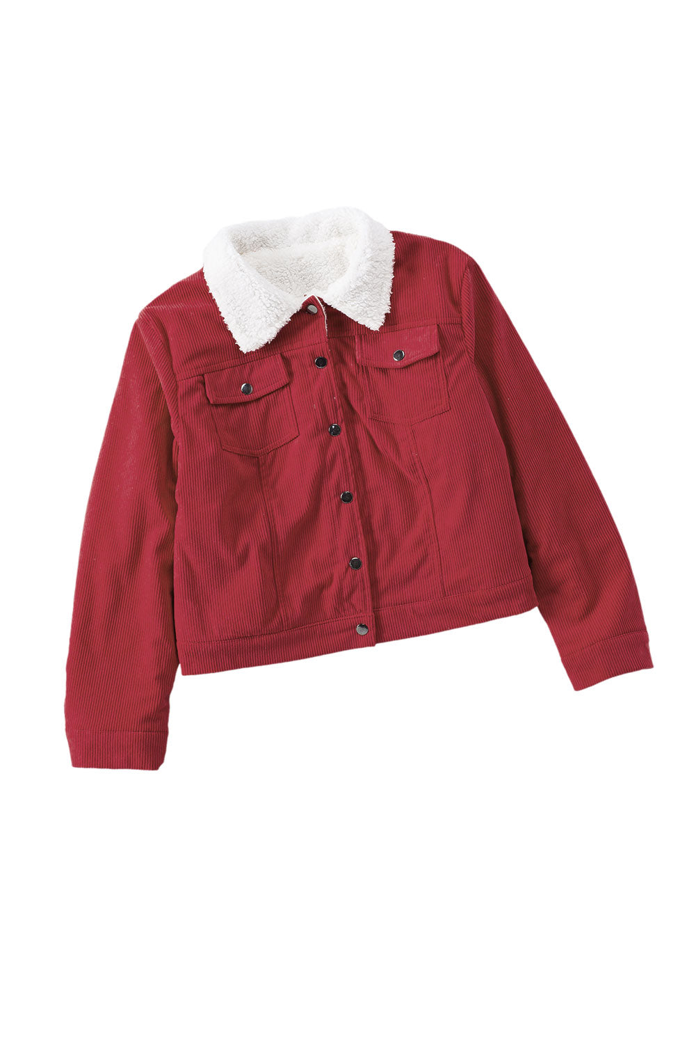 Red Corduroy Sherpa Snap Button Flap Jacket-13