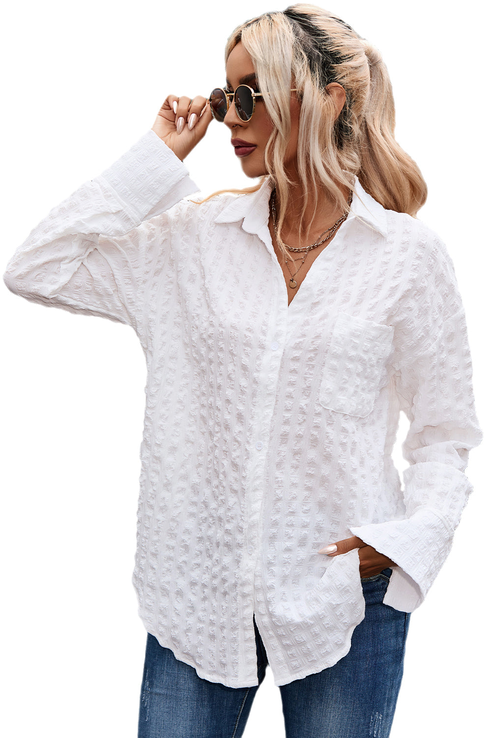White Crinkled Plaid Textured Shirt-9