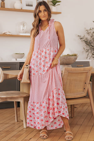 Pink Abstract Print Split Neck Sleeveless Maxi Dress-0