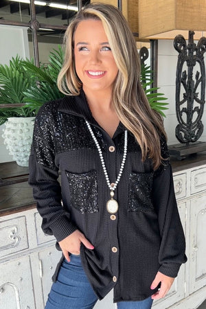Black Sequin Patch Chest Pocket Corded Shacket-3