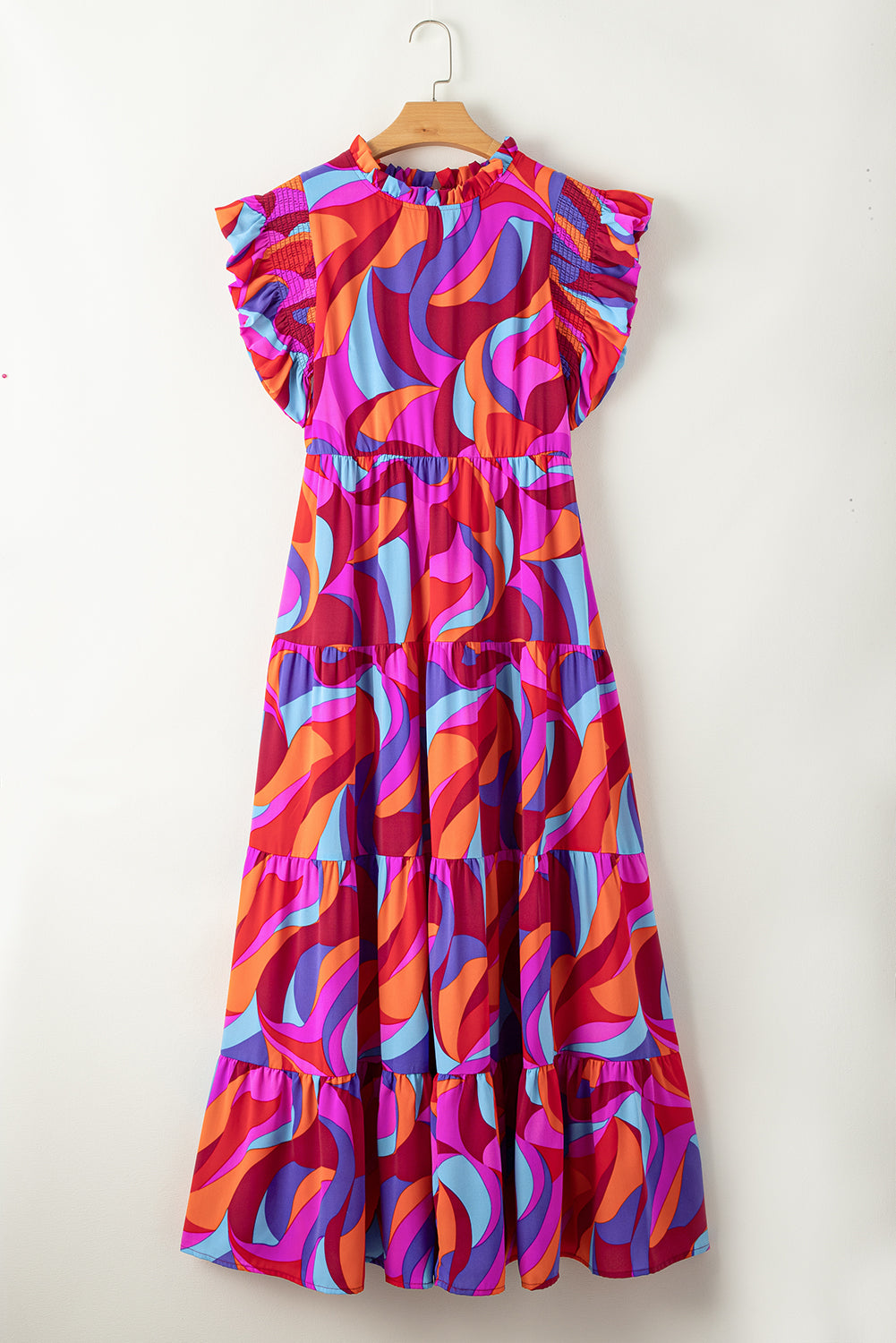 Orange Abstract Printed High Waist Ruffle Tiered Long Dress-11
