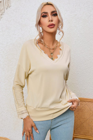 Apricot Ribbed Texture Lace Trim V Neck Long Sleeve Top-4