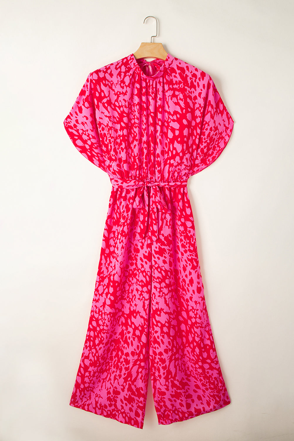 Rose Leopard Loose Sleeve Belted Wide Leg Jumpsuit-12