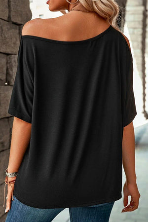 Black Solid Asymmetrical Neck Loose Casual T-Shirt-1