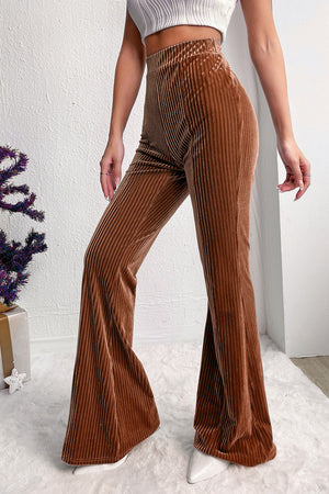 Chestnut Solid Color High Waist Flare Corduroy Pants-2