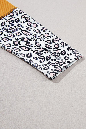 Vitality Orange Leopard Print Waffle Knit Patchwork Top-7
