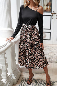 Black Asymmetric Shoulder Leopard Belted Dress-0