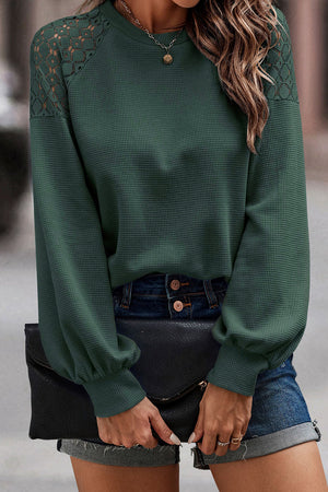 Green Lace Long Sleeve Textured Pullover-2
