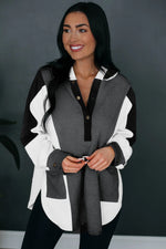 Black Color Block Exposed Seam Buttoned Neckline Hoodie-3