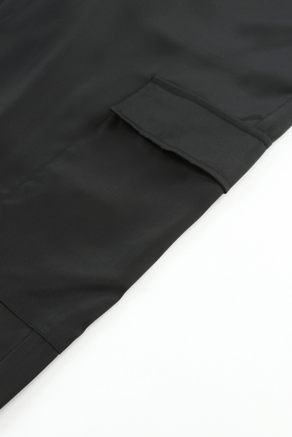 Black Satin Pocketed Drawstring Elastic Waist Pants-13