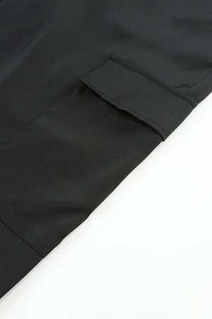 Black Satin Pocketed Drawstring Elastic Waist Pants-13