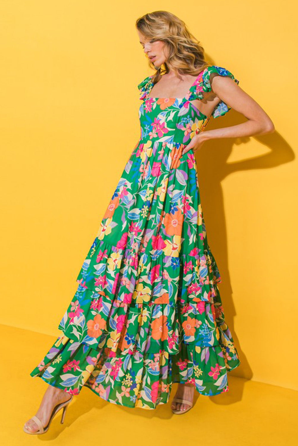 Green Floral Print Sleeveless Ruffle Tiered Maxi Dress-4