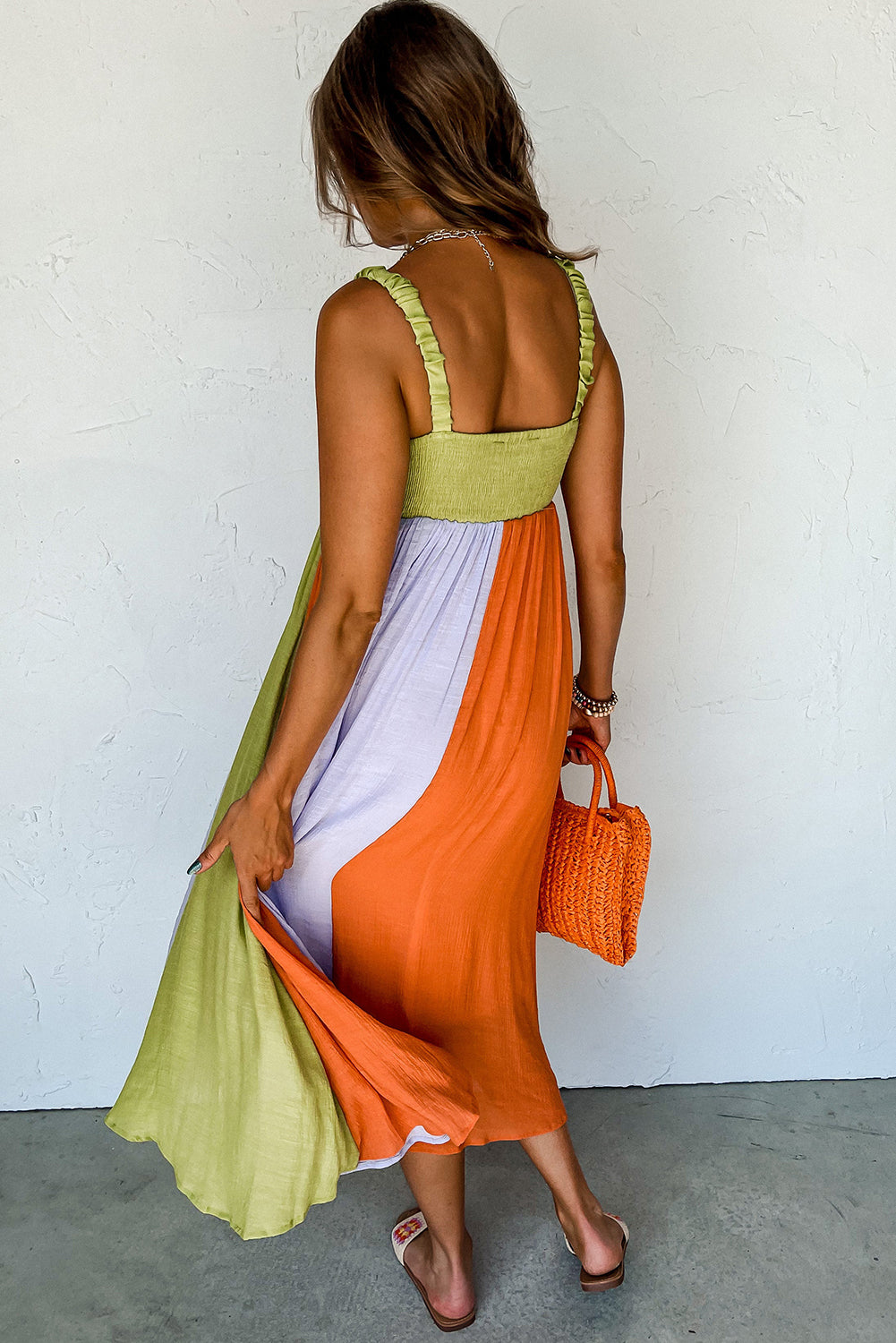 Green Color Block Shirred High Waist Fit and Flare Maxi Dress-9