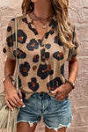 Light French Beige Leopard Folded Short Sleeve Buttoned V Neck T Shirt-0