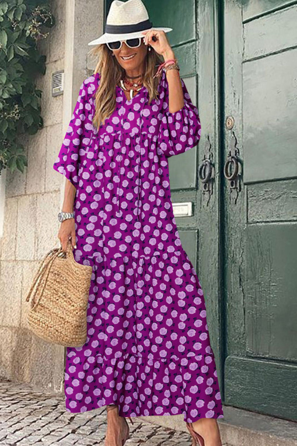 Purple Boho Printed Puff Sleeve Maxi Dress-4